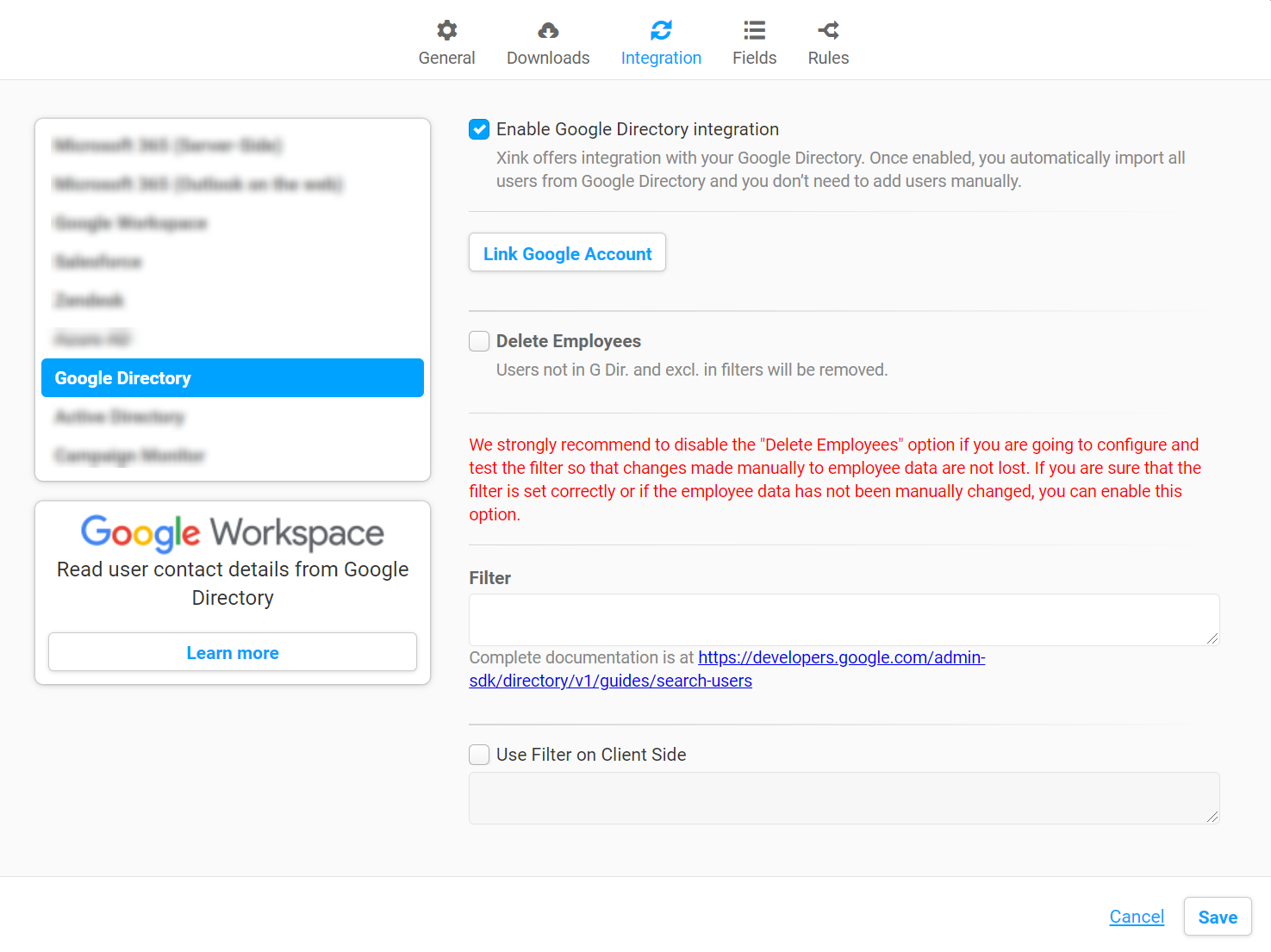 Integration with Google Directory